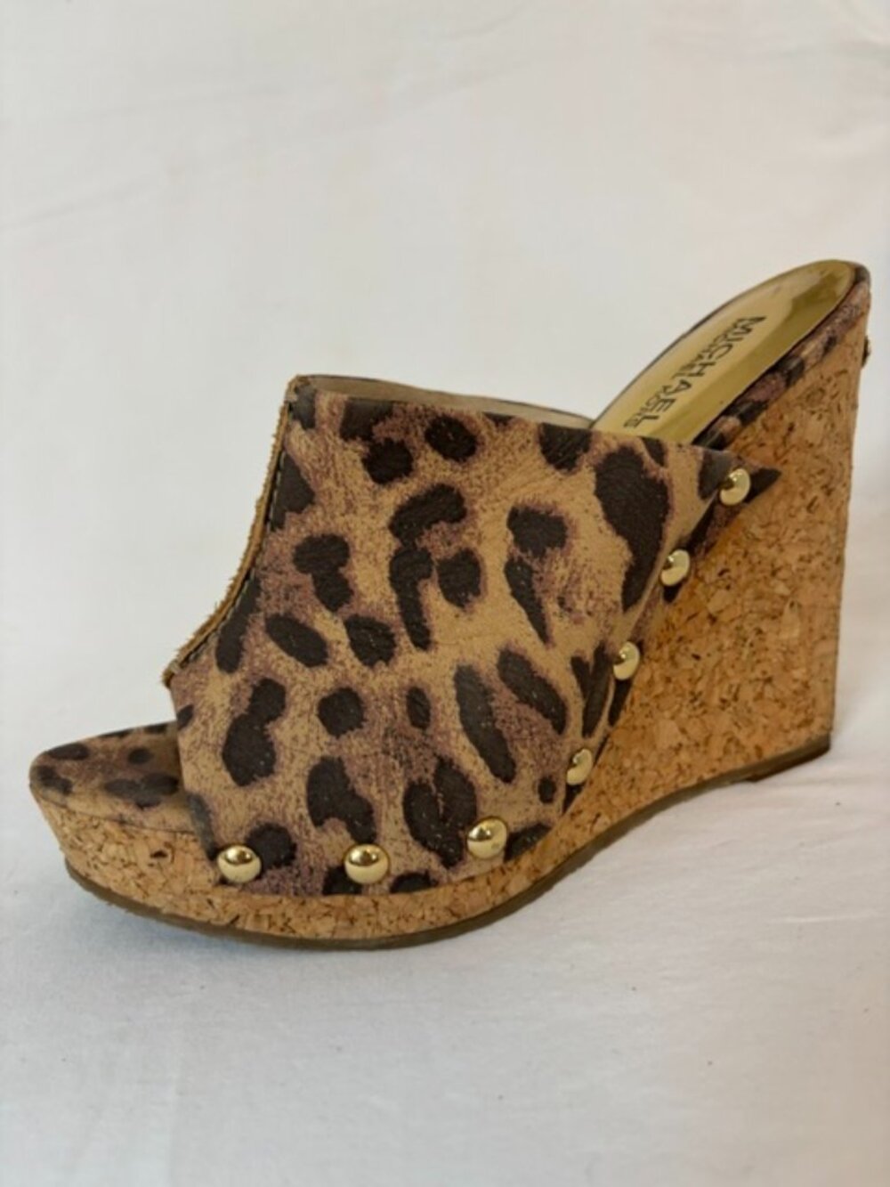 MICHAEL Michael Kors Belinda Suede Leopard Print Wedge Mule Gold Studs Women's 7